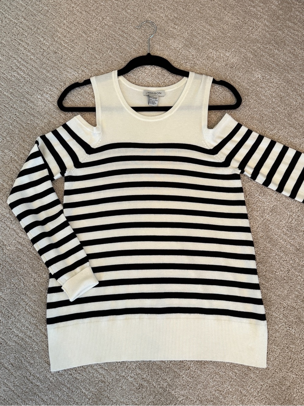 Evereve Jamison Black & White Striped Off-the-Shoulder Long Sleeve Sweater